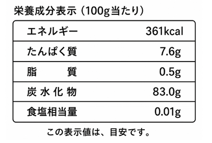 トウモロコシ麺の栄養成分表示