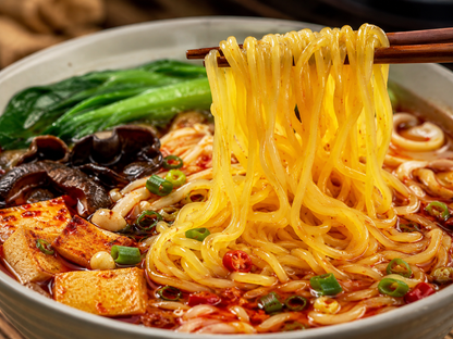 トウモロコシ麺を箸で持ち上げた麻辣湯の調理例