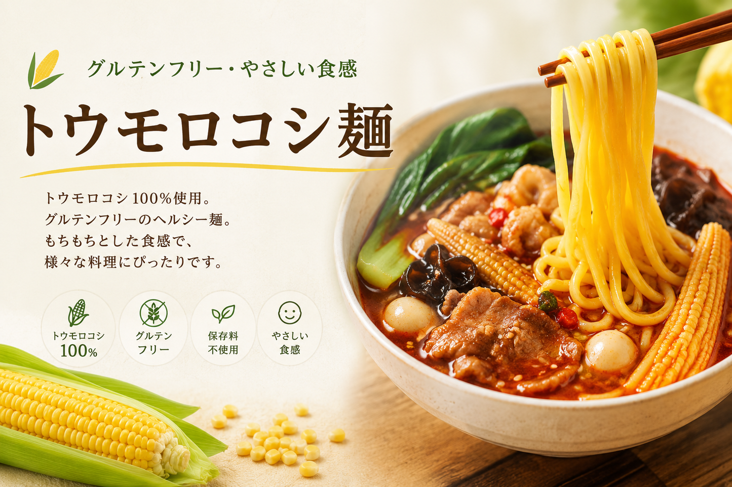 トウモロコシ100%・グルテンフリーのトウモロコシ麺の商品紹介
