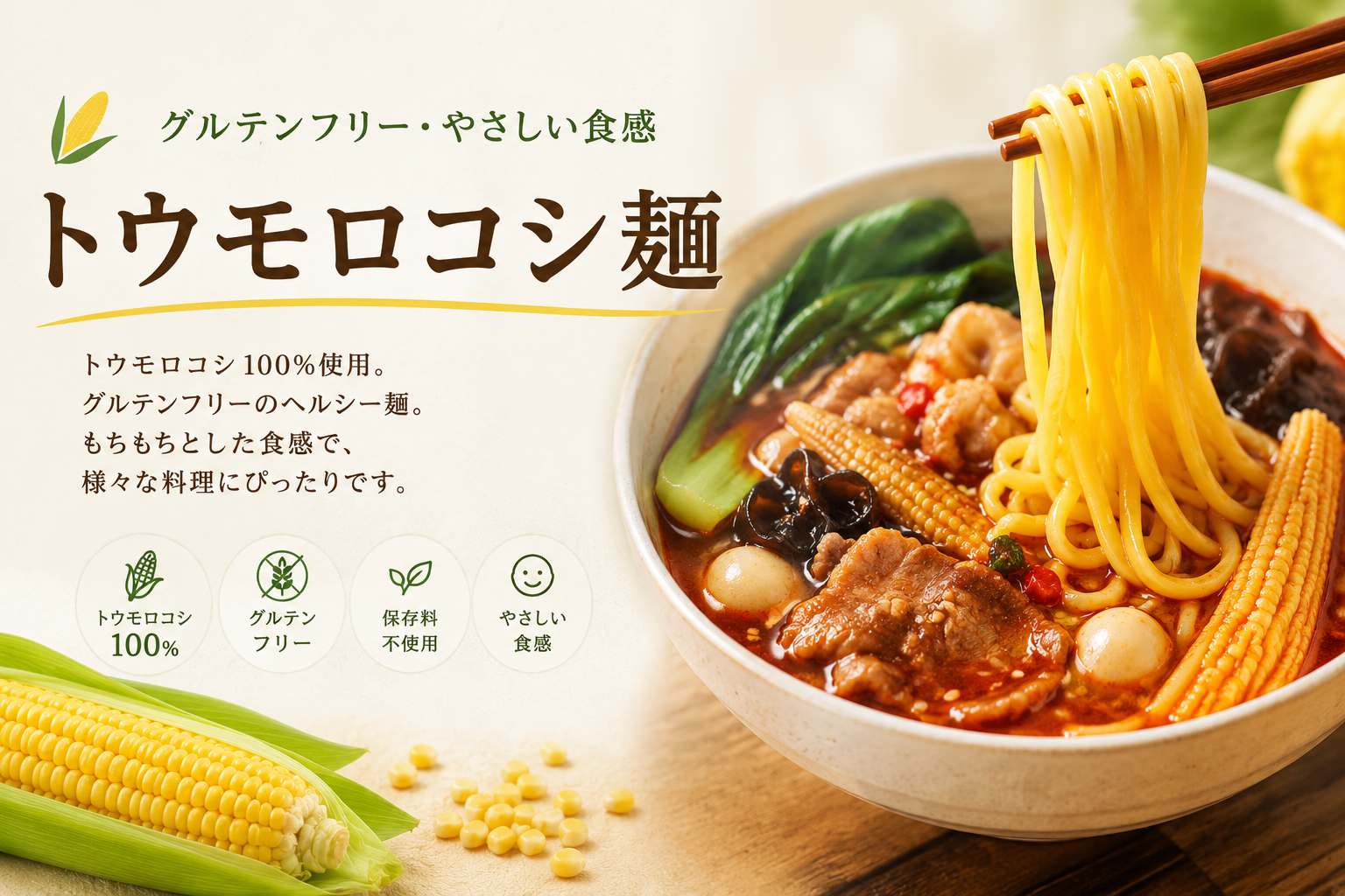 トウモロコシ100%・グルテンフリーのトウモロコシ麺の商品紹介