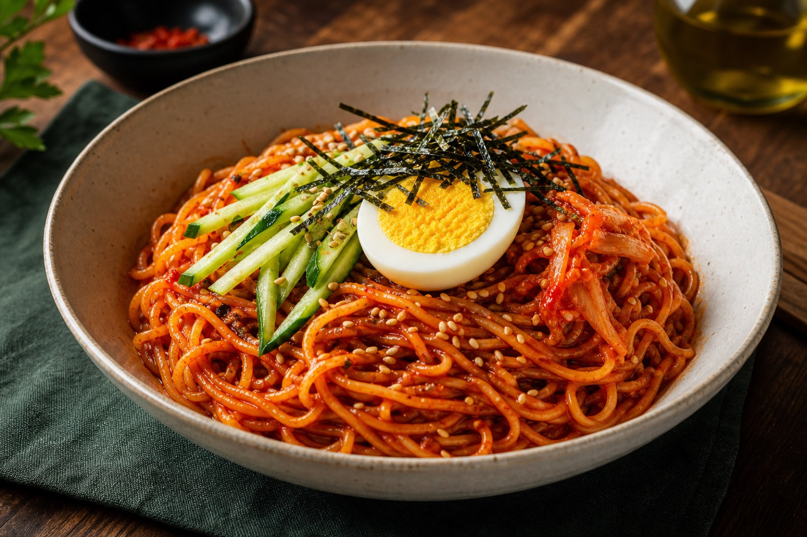 コチュジャン風のタレを和えたピリ辛トウモロコシビビン麺