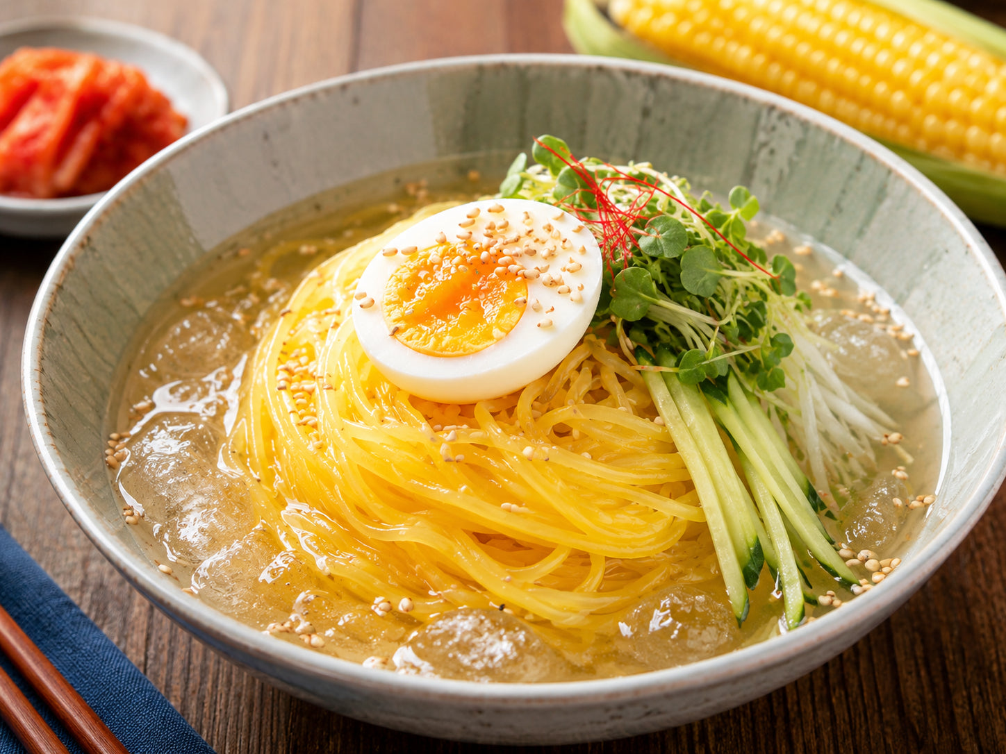 きゅうり、卵、キムチを添えたトウモロコシ冷麺